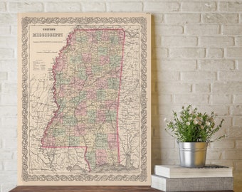 Mississippi map - Vintage map of Mississippi Fine Art Print gift