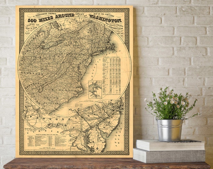 Washington DC Map 500 Miles Around - Civil War Map Print - 1861 Map print area around Washington, Virginia, Maryland, Chesapeake Bay decor