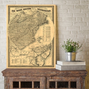 Washington DC Karte 500 Miles Around - Civil War Map Print - 1861 Karte Druckgebiet um Washington, Virginia, Maryland, Chesapeake Bay Dekor