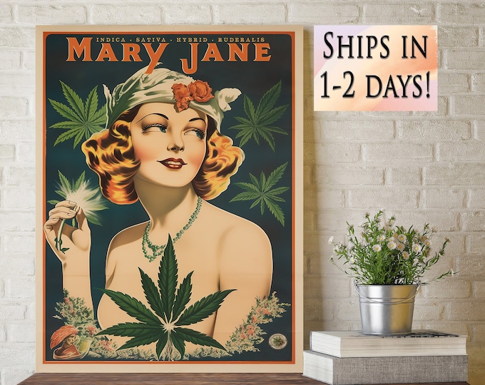 Vintage Marijuana Poster, Retro Bohemian Wall Art, Mary Jane print, Retro Cannabis print Wall Art Fine Art Marihuana Dispensary Gift idea 1