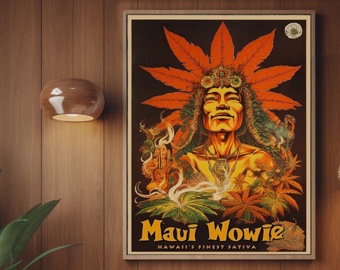 Vintage 1970's Marijuana Poster, Retro Bohemian Wall Art, Hawaiian Maui Wowie Fine Art Print Cannabis Dispensary Stoner Gift idea V1