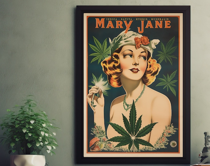 Mary Jane Poster Boho Wall Art Vintage Marijuana Print Retro Cannabis Design Wall Art Fine Art Marihuana Dispensary Stoner Gift idea