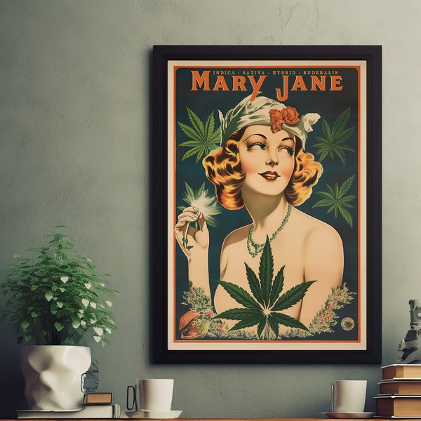 Mary Jane Poster Boho Wall Art Vintage Marijuana Print Retro Cannabis Design Wall Art Fine Art Marihuana Dispensary Stoner Gift idea