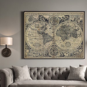 Carte du monde, carte du monde historique 1626 ancienne carte BOHO antique style décor carte du monde, impression d'art grande carte murale de l'ancien monde, cadeau pour la maison