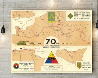 Military Poster 70th Armor Regiment Tank Battalion Military Map Reprint - WWII Armored Regiment Combat Operations - Military Gift Decor