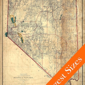 Carte vintage géante du Nevada vieilli Style 1894 Old Nevada Home Decor mur Carte Nevada Gift Idea Las Vegas Nevada Print Wall Art