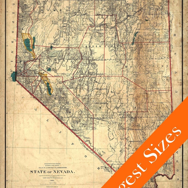 Giant Vintage Map of Nevada aged Style 1894 Old Nevada Home Decor wall Map Nevada Gift Idea Las Vegas Nevada Print Wall Art