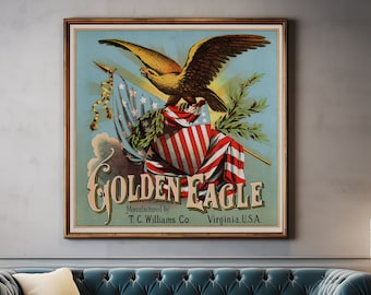 Vintage Tobacco Label Poster Print | Rustic Americana Decor | Golden Eagle Patriotic Bar Art | Smoking Room Man Cave Cigar Advertising Print