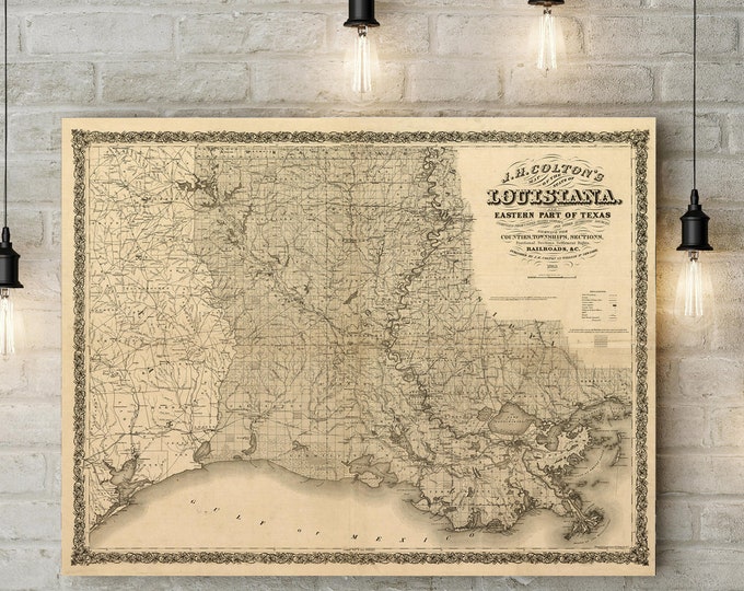 Louisiana map Print 1863,Large, old map of Louisiana, Louisiana map art, Louisiana poster, Louisiana gift idea, map sizes up to 5ft x 6ft