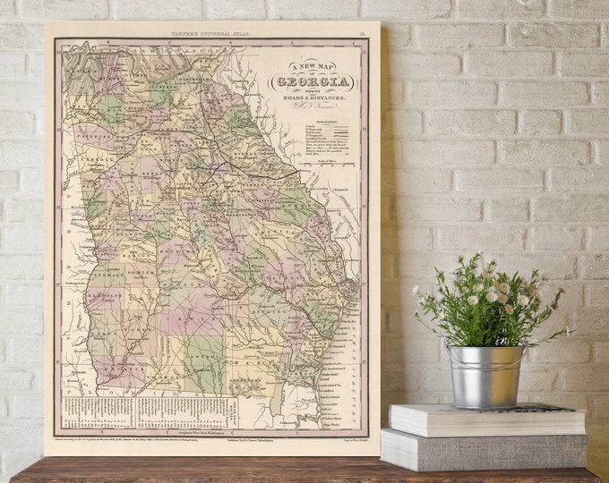 1833 Old Georgia Map Art Print State Map of Georgia Travel Gift Idea Map Art Map of Georgia Atlanta Rustic map decor Engagement Gift map art