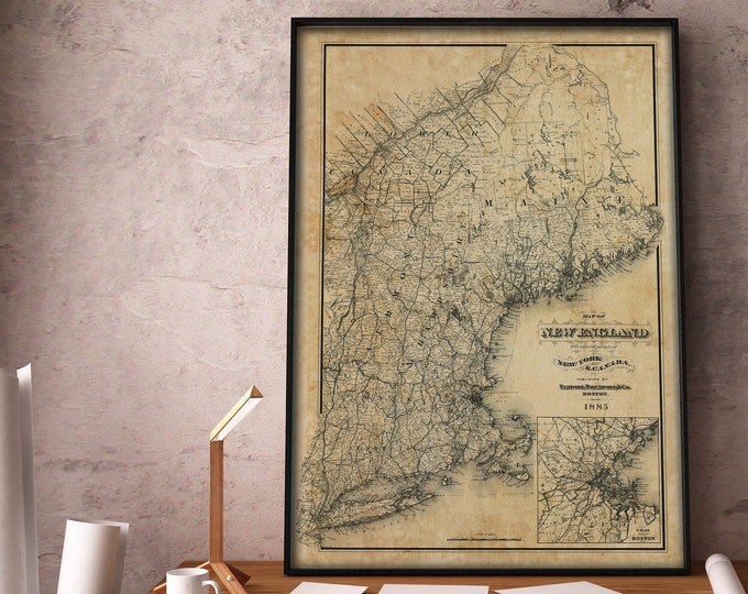 1885 Vintage New England Map Antique Wall Decor Old Map of New England Fine Art Print Perfect Housewarming Gift for Realtors or Father's Day