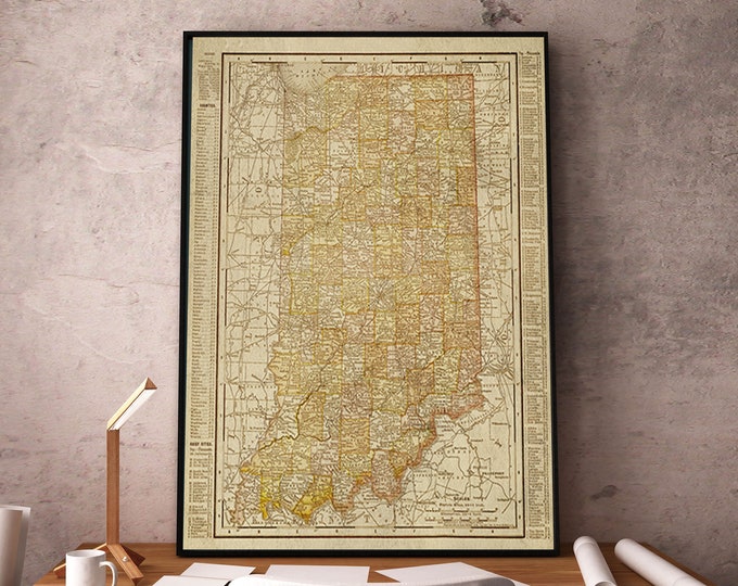 Old Indiana Map Art Print 1901 Map Of Indiana, Indiana Wall Map, Map Decor