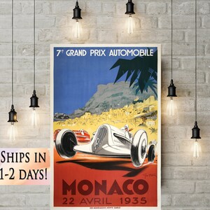 Vintage race car poster 1935 Monaco Grand Prix Poster, Race Fan Gift, Fine Art Print, Formula 1 racing poster print, Wall Decor Gift for him image 1