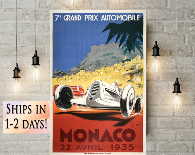 Vintage race car poster 1935 Monaco Grand Prix Poster, Race Fan Gift, Fine Art Print, Formula 1 racing poster print, Wall Decor Gift for him