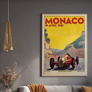Póster vintage del Gran Premio de Mónaco de 1931, impresión de coche de carreras, regalo para fanáticos de las carreras, decoración de oficina ejecutiva, decoración de pared, idea de regalo de F1