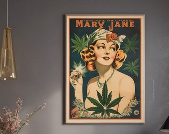 Vintage Marijuana Poster, Retro Bohemian Wall Art Mary Jane print Retro Bohemian Wall Art Fine Art Print Cannabis Dispensary Gift idea