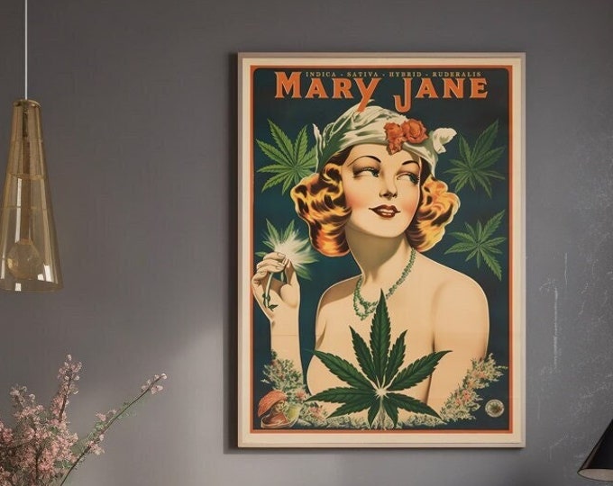 Vintage Marijuana Poster, Retro Bohemian Wall Art Mary Jane print Retro Bohemian Wall Art Fine Art Print Cannabis Dispensary Gift idea