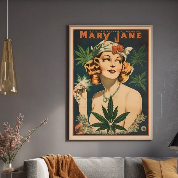 Vintage marihuanaposter, retro Boho Wall Art Mary Jane print Retro Boho Wall Art Fine Art Print Cannabis Apotheek Cadeau idee