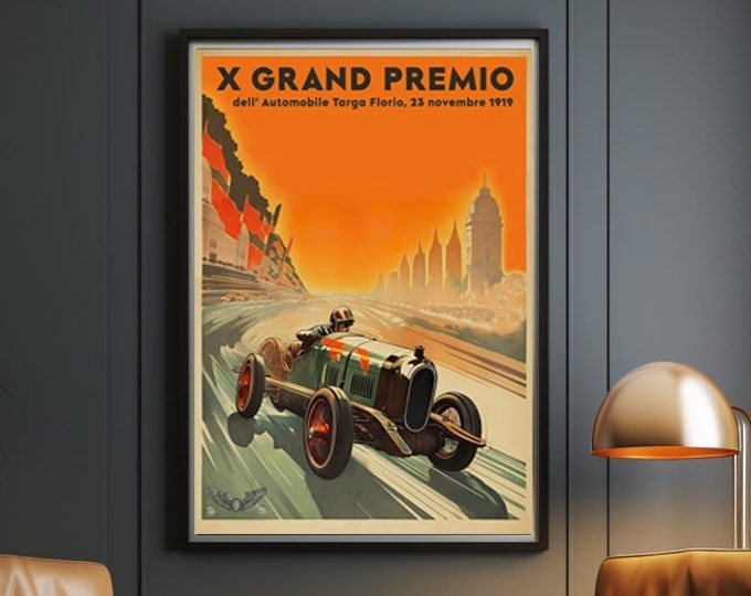 Vintage 1919 Italian Grand Prix racing Poster Targa Florio Race Car Print, Race Fan Gift idea Executive Office decor Sicily Italy race Decor