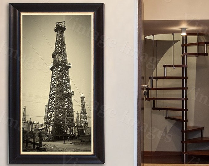 old historic oil well drill drilling rig derrick oil gusher field sepia tone photo wall Photo steampunk Old Photograph Home decor poster