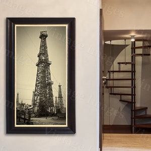 old historic oil well drill drilling rig derrick oil gusher field sepia tone photo wall Photo steampunk Old Photograph Home decor poster image 1