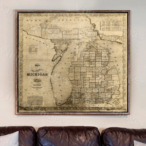Vintage Michigan map 1856 old map of Michigan Old Antique Style Michigan State Gift wall Map Lake Michigan Decor Housewarming gift
