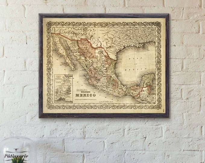 1866 Antique Map of Mexico: Large Map Poster Print for Southwest Decor housewarming gift Idea, Desert Decor, Vintage wedding Travel Gift