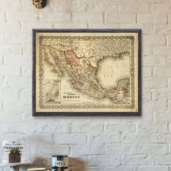 1866 Antique Map of Mexico: Large Map Poster Print for Southwest Decor housewarming gift Idea, Desert Decor, Vintage wedding Travel Gift