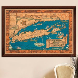 Mapa antiguo de Long Island, mapa histórico pictórico clásico, 1933, decoración rústica para el hogar, reproducción de mapa de pared de estilo antiguo