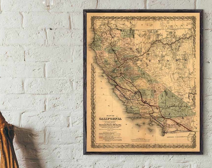 California Map, 1876 old map of California, California Map Print, California Decor, Historical Map, Historical Print, California gift
