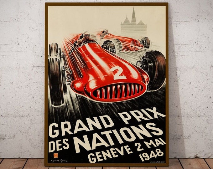 Formula 1 racing poster print 1948 Vintage Geneva Grand Prix Poster Driving Race Fan Gift Fine Art Garage Race Car mechanic Wall Decor Idea