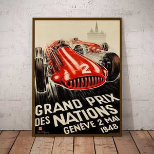 Formula 1 racing poster print 1948 Vintage Geneva Grand Prix Poster Driving Race Fan Gift Fine Art Garage Race Car mechanic Wall Decor Idea