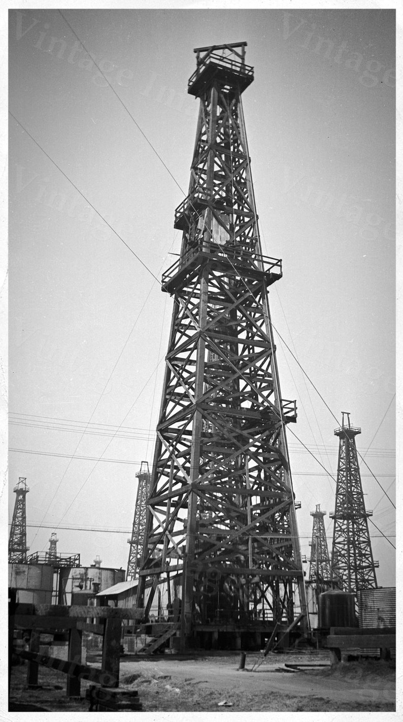 old historic oil well drill drilling rig derrick oil gusher field sepia tone photo wall Photo steampunk Old Photograph Home decor poster image 3