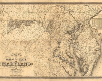 Map of Maryland Old Maryland Map, Maryland Vintage Map, 1841 Restoration decorator Style Maryland Wall art Maryland Map Chesapeake Bay map