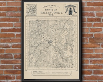 Dallas city map poster print wall art | Texas gift | Old map decor for home office 1886 Dallas County Map