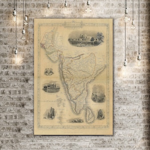 May include: An antique map of Southern India, printed in black and white with red and brown accents. The map shows the different regions of Southern India, including Madras, Mysore, and Ceylon. The map is surrounded by a decorative border and includes several small illustrations of important landmarks.