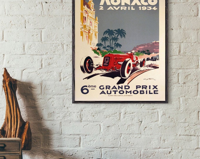 Monaco 1934 Grand Prix Vintage Poster, Race Car Wall Art Print, Race Fan Gift, Executive Office decor , Large Monaco Motor Racing Wall Decor