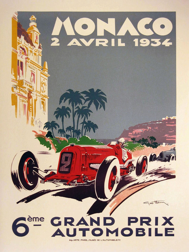 1934 Monaco Grand Prix Poster, Race Fan Gift, Fine Art Print, Formula 1 racing poster print, Wall Decor image 2