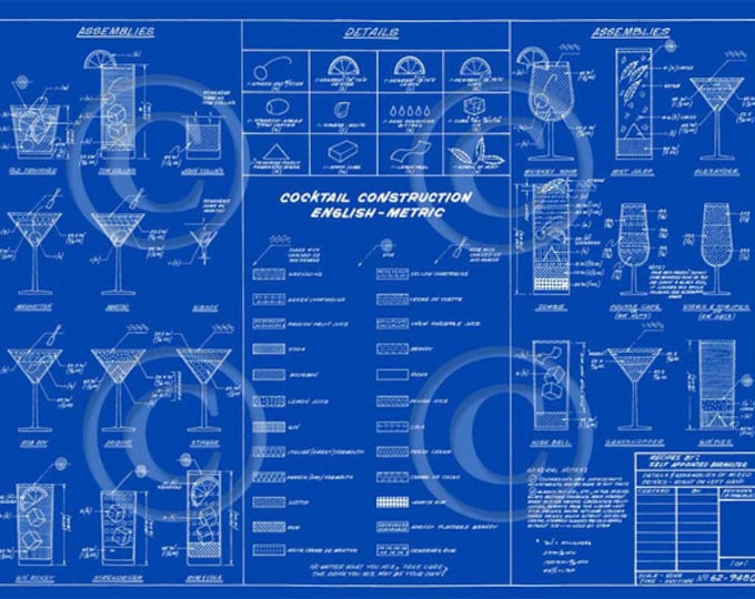 Martini cocktail Mixed Drinks construction Blueprint recipe layout Man cave bar art drafting type fine art wall decor