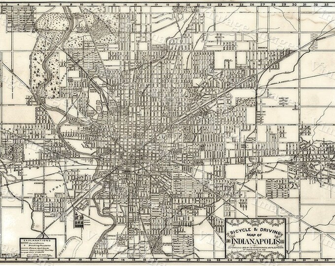 Indianapolis Bicycle Map Large 1899 Vintage Historic Indianapolis Map Restoration decor old Style wall Map Indiana Fine art Print Poster