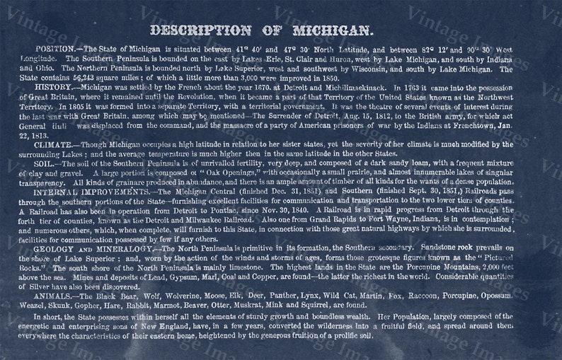 Michigan map, vintage 1856 old map of Michigan, Old Antique Restoration Decor Blueprint Style wall Map, Lake Michigan map. Fine Art Map image 3