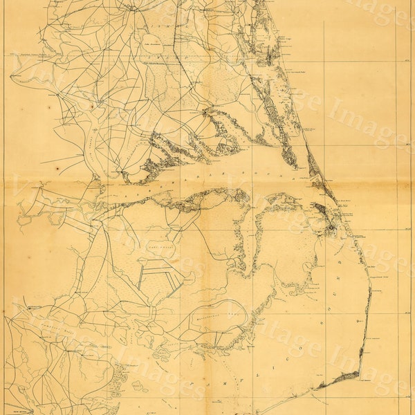 Outer Banks Map 1862 kustkaart Restauratie decorateur Stijl Vintage kaart van Outer Banks Virginia, North Carolina Oude Nautische kaart muurkaart