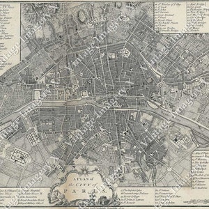 Grande Mapa vintage de París Francia circa 1800 Bellas Artes Impresión Giclee Póster rústico casa de campo decoración del hogar regalo de viaje