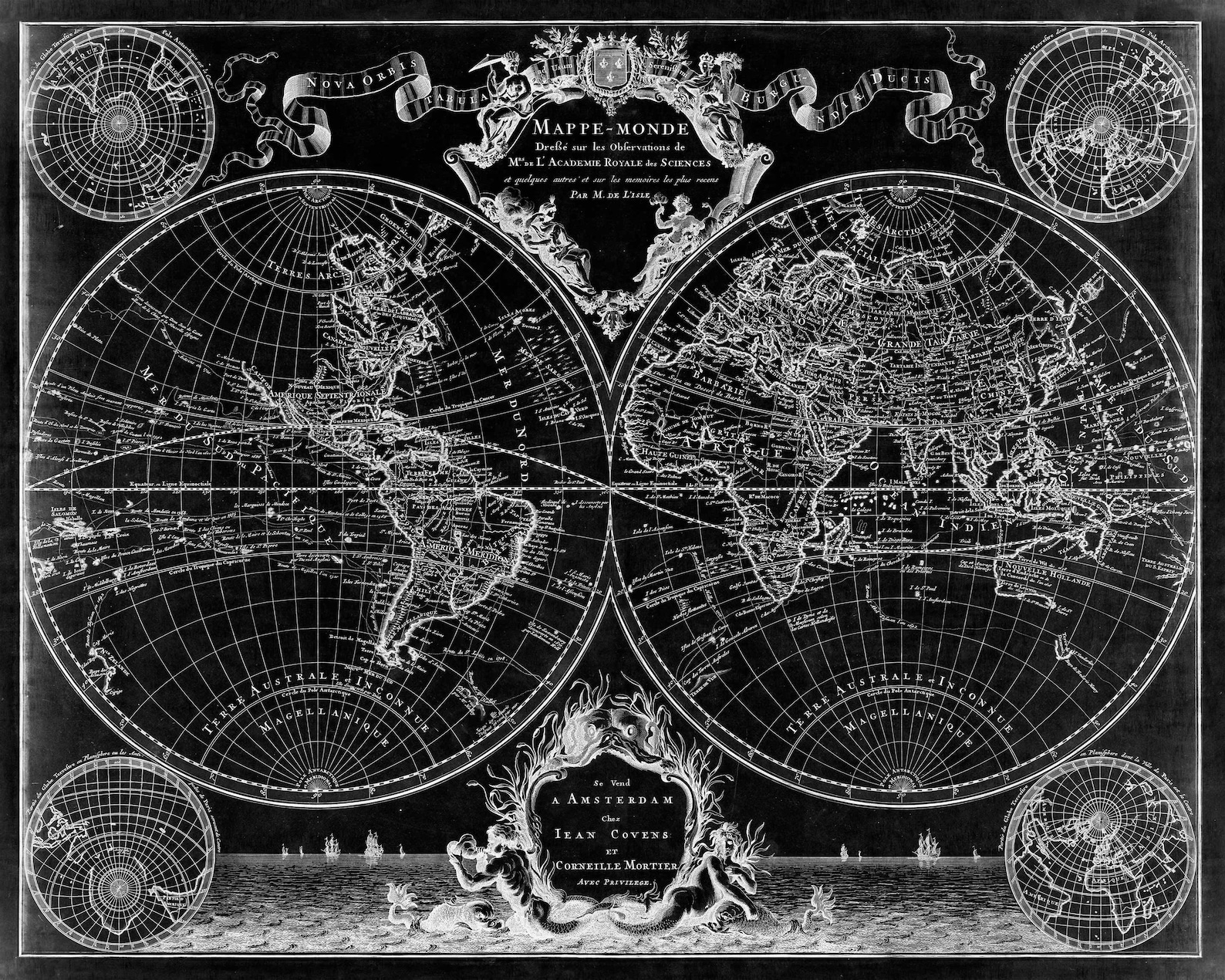 1720 Old World Map,black Map Wall Art, Historic Map Antique Style Map