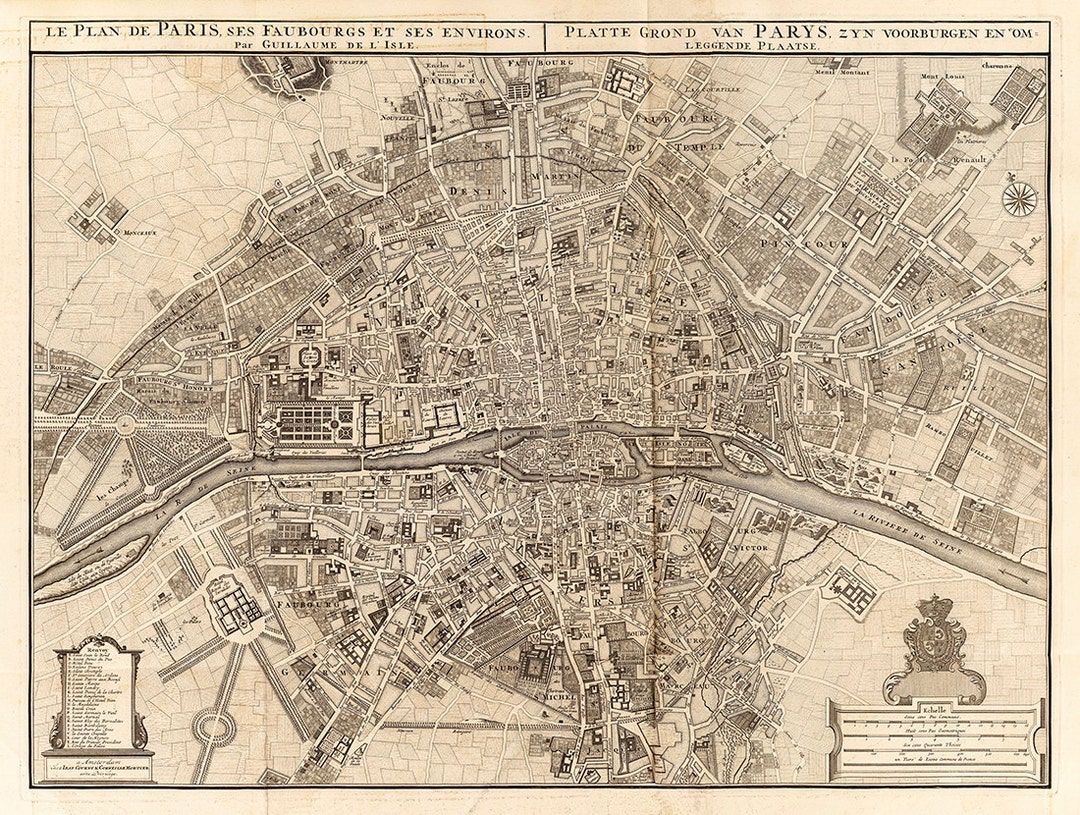 パリのヴィンテージ地図 1742 パリの古い地図 フランス 修復装飾