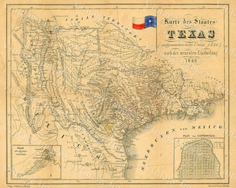 1849 Mappa del Texas Vecchia mappa del Texas, TEXAS, Mappa del Texas, Mappa vintage, Decoratore di restauro Stile Texas Wall art Mappa tedesca del Texas Wall Art