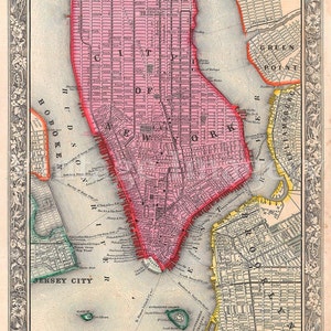 Old Map of New York City, 1860 Antique Restoration decorator Style NYC MAP tailles jusqu’à 43 » x 54 » Old New York carte Wall art Fine print