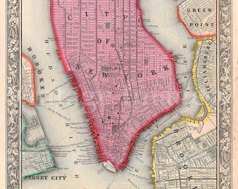 Old Map of New York City, 1860 Antique Restoration decorator Style NYC MAP sizes up to 43" x 54" Old New York map Wall art Fine print