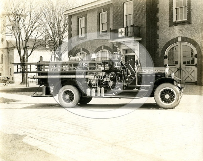 Old Fire Truck Photo Vintage Black & White fire department Fire Truck Early Fire Department 1920's fireman ladder truck firefighter gift