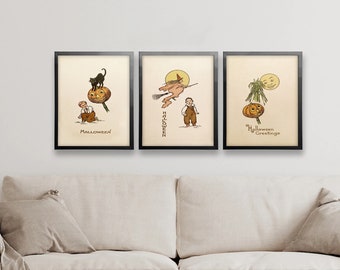 Set of 3 Halloween prints Halloween Wall Art Vintage Print Witch Poster Cute retro Halloween Decor Black Cat Art Halloween Party decorations